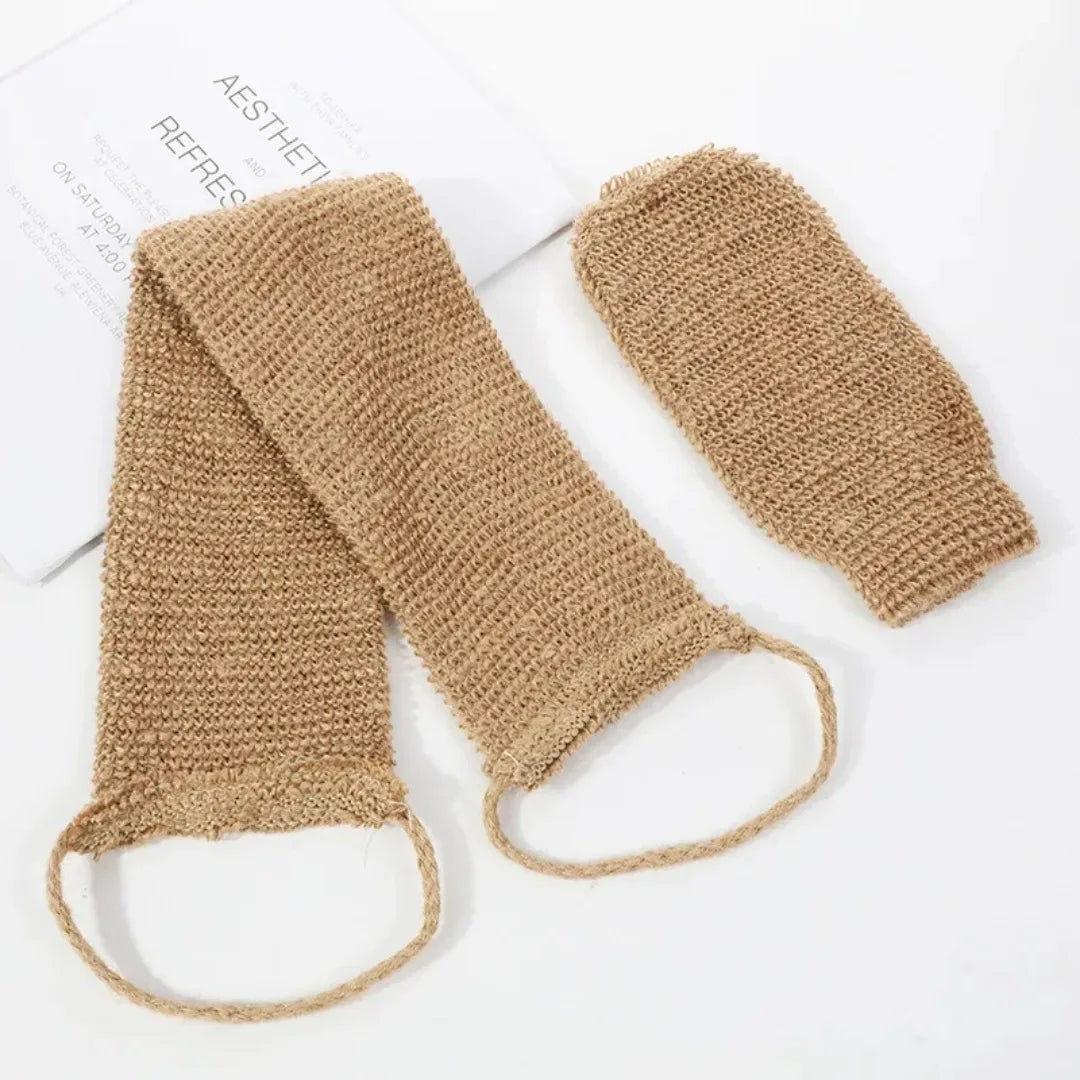 Hemp Back Scrubber Bath Towel with Gloves – Jute Exfoliating Loofah Back Strap Shower & Body Cleaning Kit.