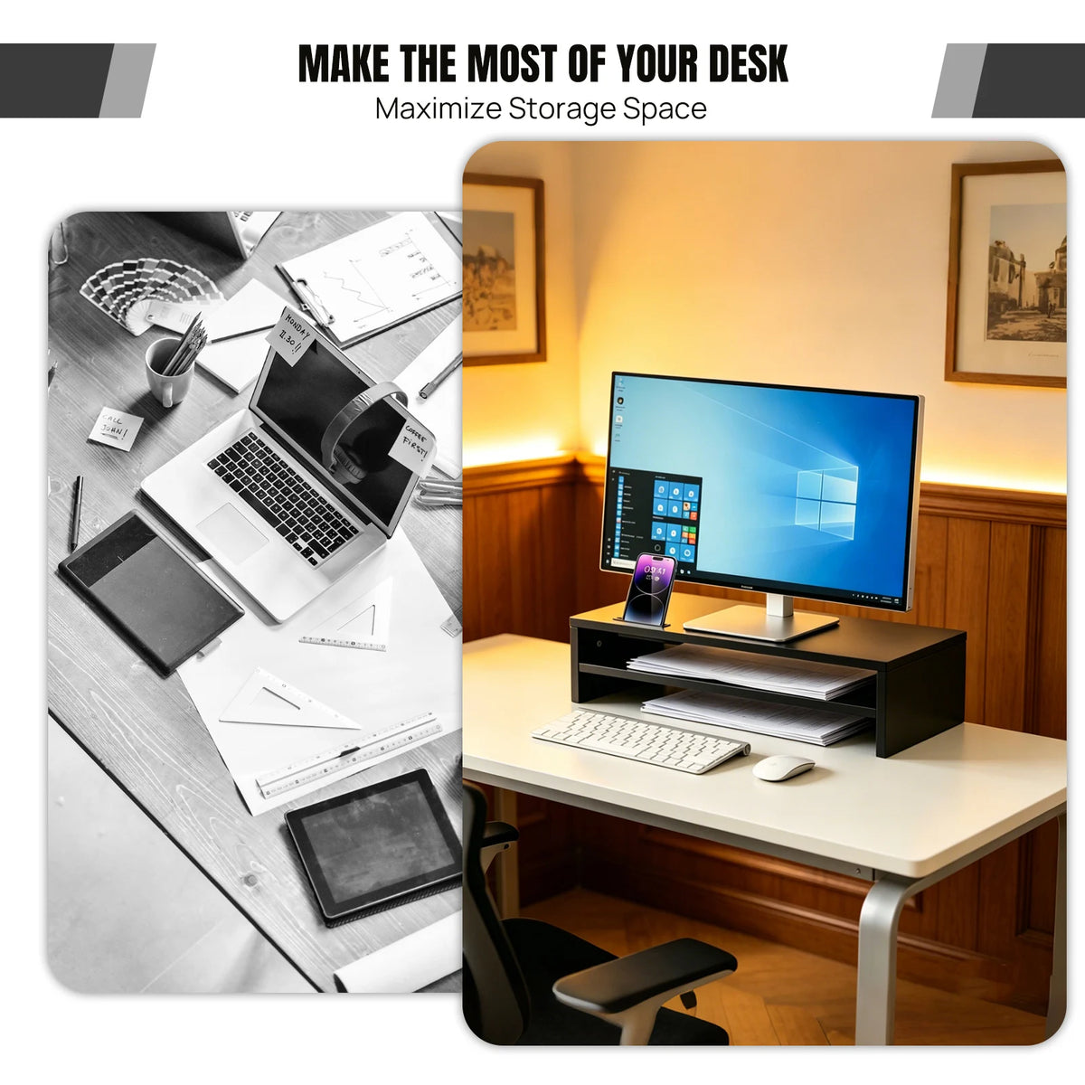 2-Tier Wooden Monitor Stand Riser – 420mm Wide, 20kg Capacity with Phone Holder.