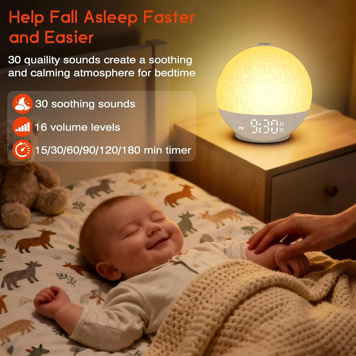Sunrise Wake-Up Light & Night Lamp – Dimmable Alarm Clock with White Noise, 30 Soothing Sounds & 12-Colour Night Light.