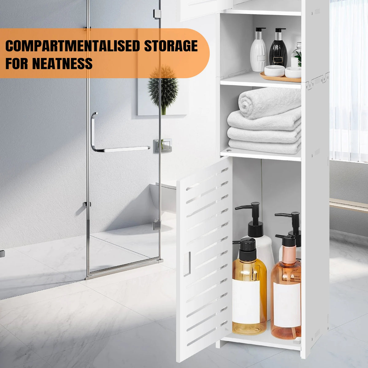 Tall 5-Tier Bathroom Storage Cabinet – 2-Door PVC Waterproof Organiser.