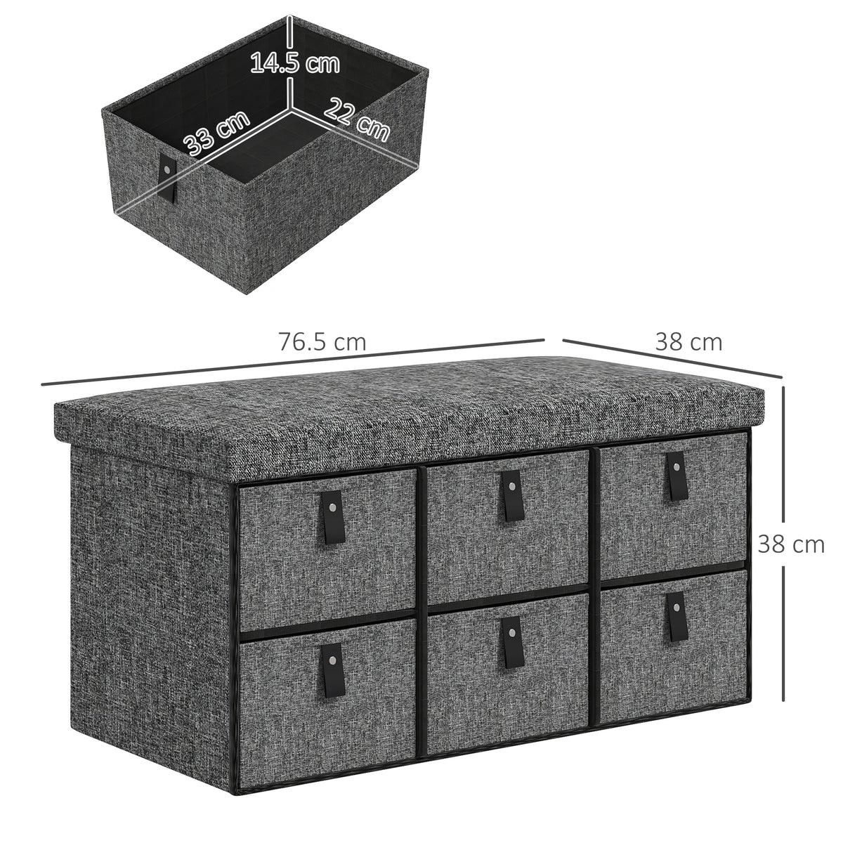 Shoe Storage Bench with Padded Seat & Fabric Drawers – Dark Grey.