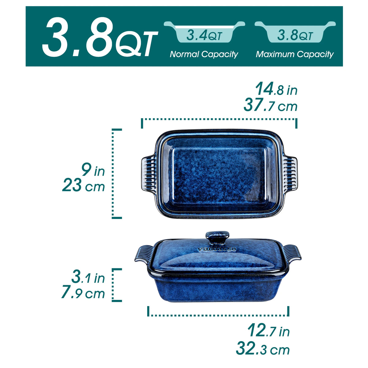Large Blue Stoneware Casserole Dish with Lid – Oven & Microwave Safe Lasagna Baking Pan for Roasting, Baking & Serving