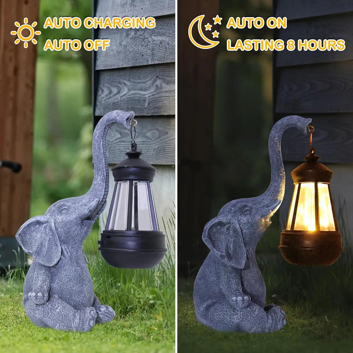 Solar Elephant Garden Statue – Resin Elephant Figurine with Lantern Light.