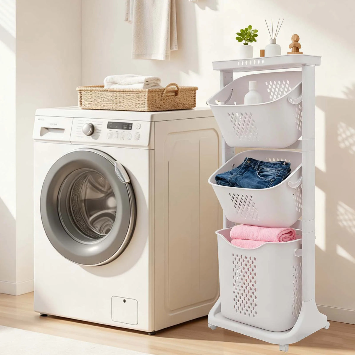 3-Tier Laundry Basket with Wheels – Rolling Laundry Hamper Cart with Carry Handles for Bedroom, Dorm & Laundry Room.