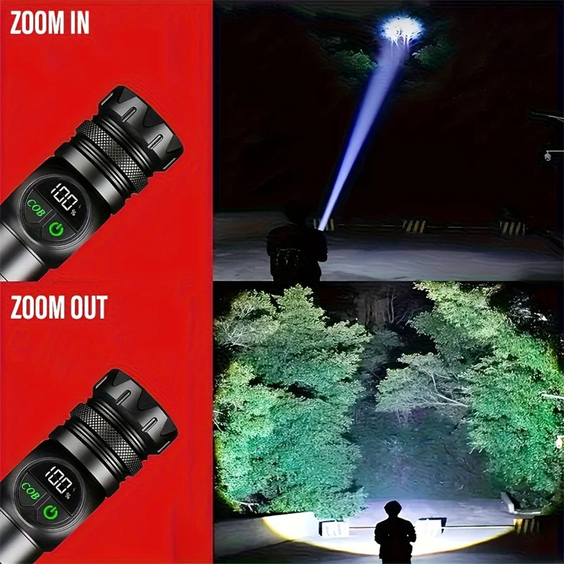 High-Power LED Flashlight – USB Rechargeable Tactical Torch with COB Side Light, Magnetic Base & Zoom.