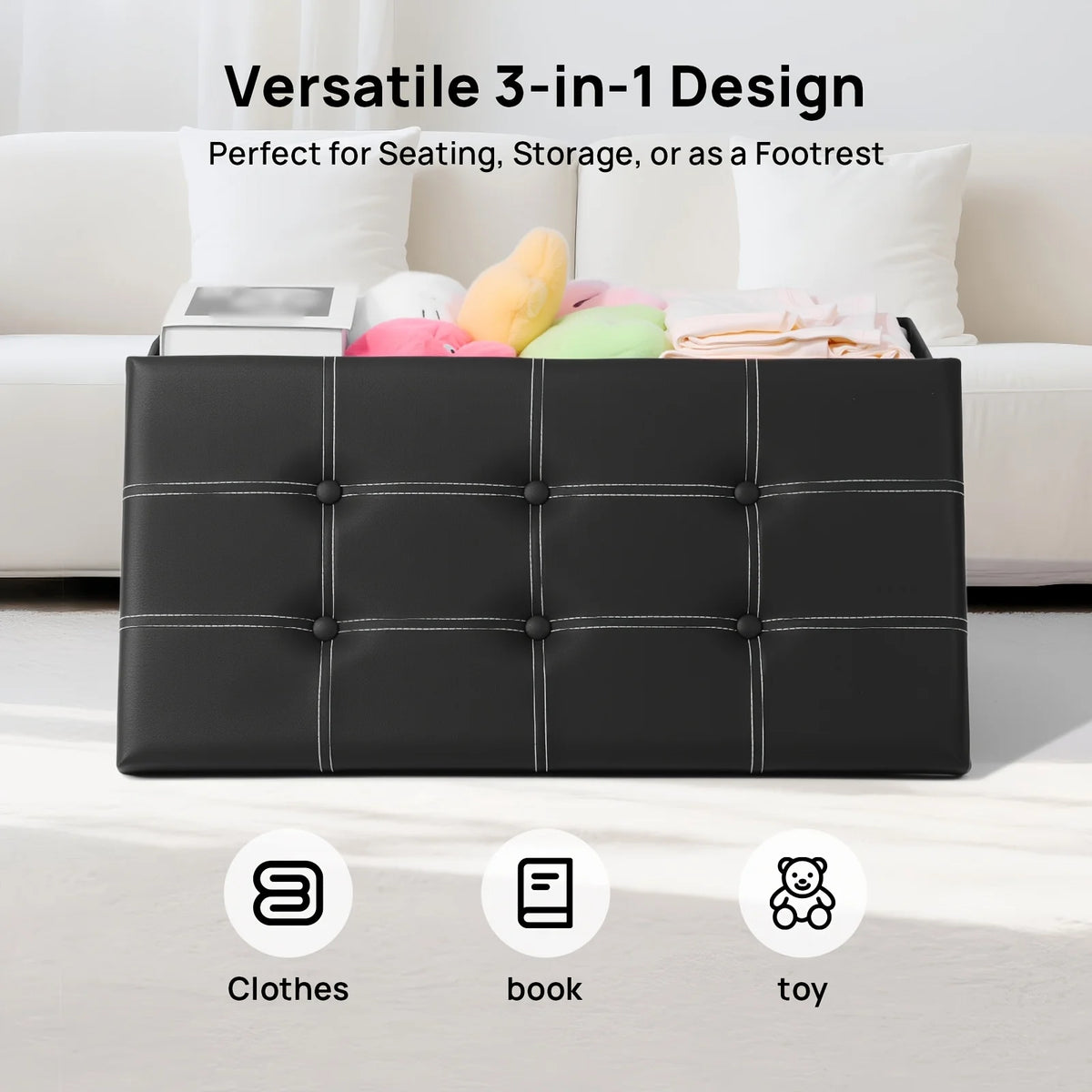 30-Inch Folding Storage Ottoman Bench – Faux Leather Padded Seat & Storage Chest.