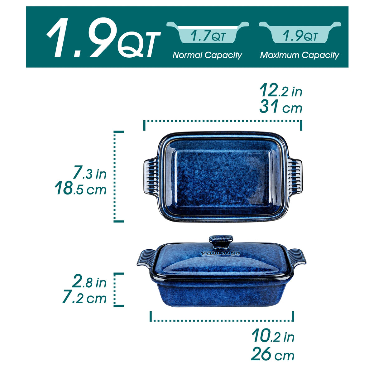 Large Blue Stoneware Casserole Dish with Lid – Oven & Microwave Safe Lasagna Baking Pan for Roasting, Baking & Serving