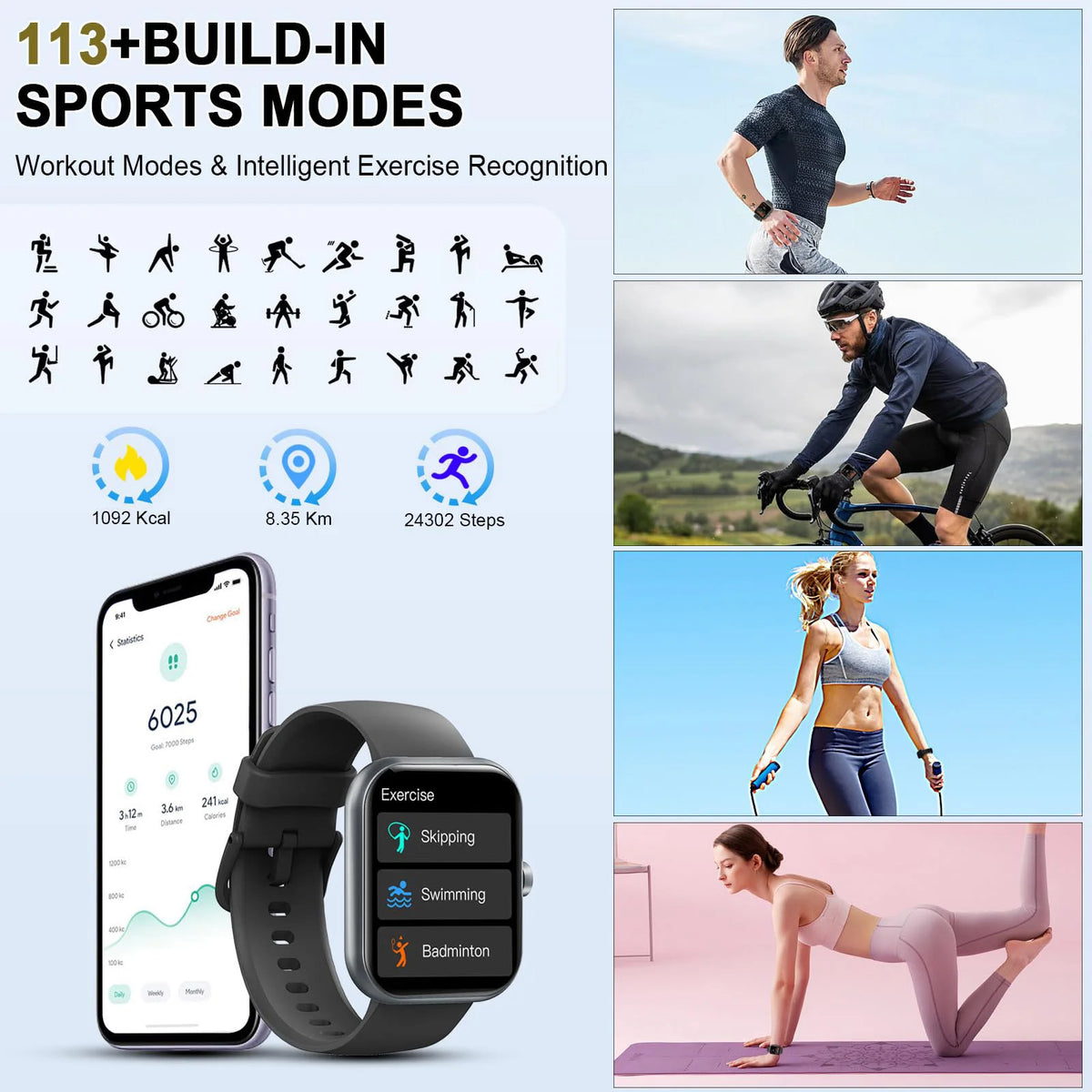 1.96" Smartwatch with Bluetooth Calling, Fitness Tracker, Sleep Monitor, 100+ Sports Modes & IP68 Waterproof.