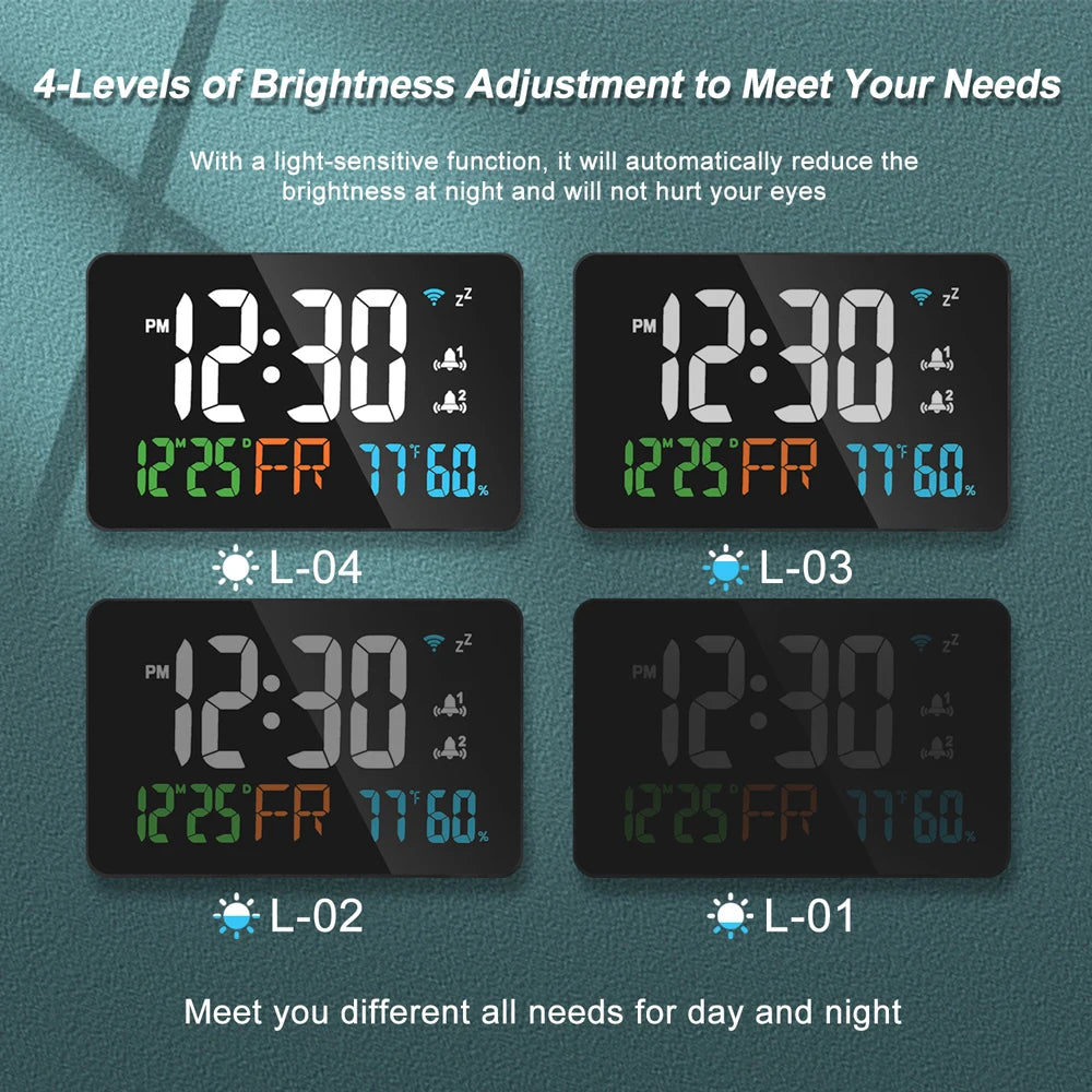 Smart WiFi Desktop Clock – Digital LED Calendar, Thermometer & Hygrometer with Auto-Calibration.