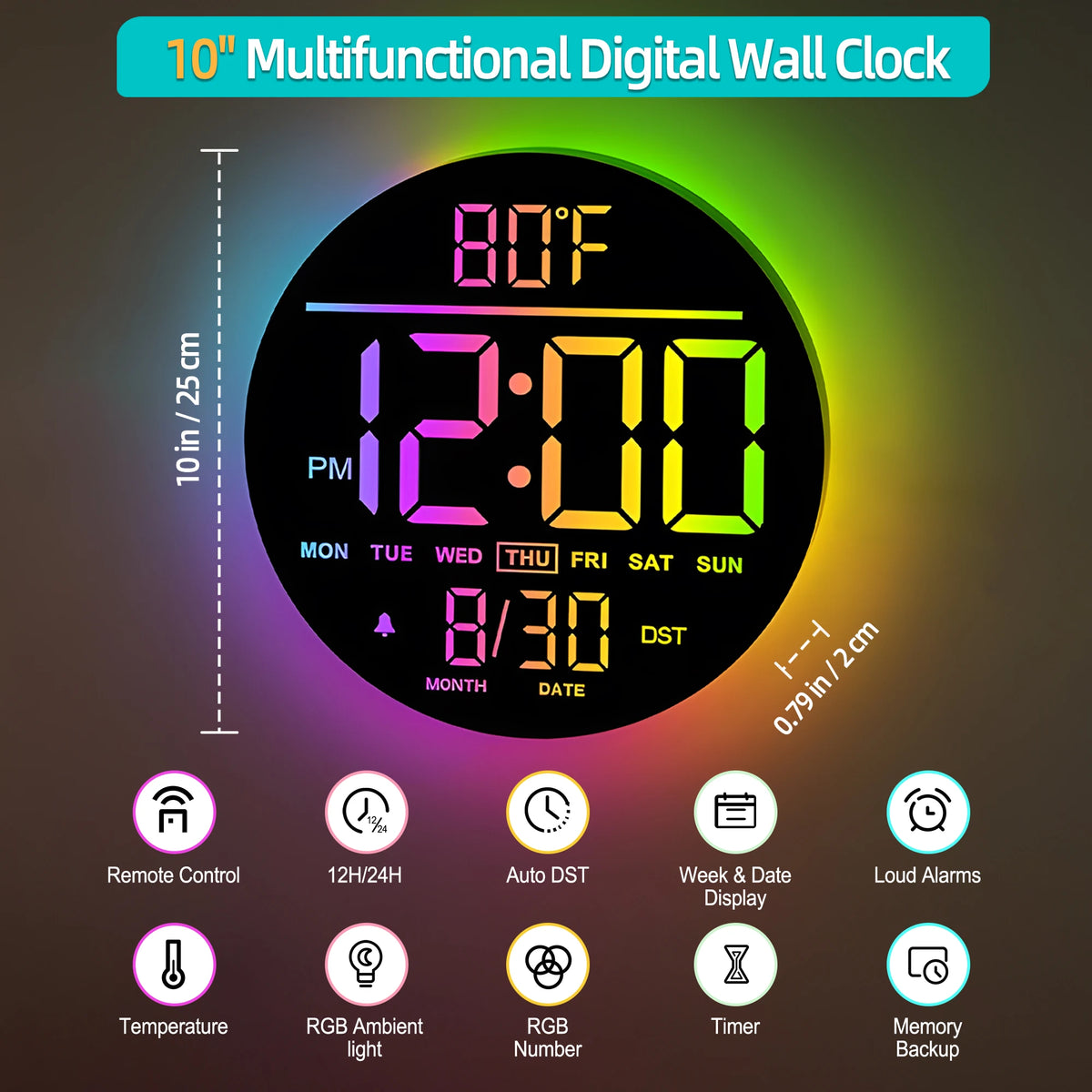 10-Inch RGB Digital Wall Clock – 11-Colour Modes, Remote Control, Dual Alarm, Night Light, Temperature & Date Display.