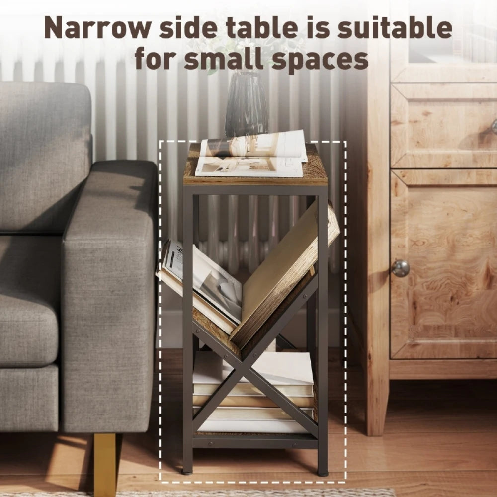 Narrow 3-Tier Side Table with Magazine Holder – Oak Finish, 40 × 30 × 61 cm.