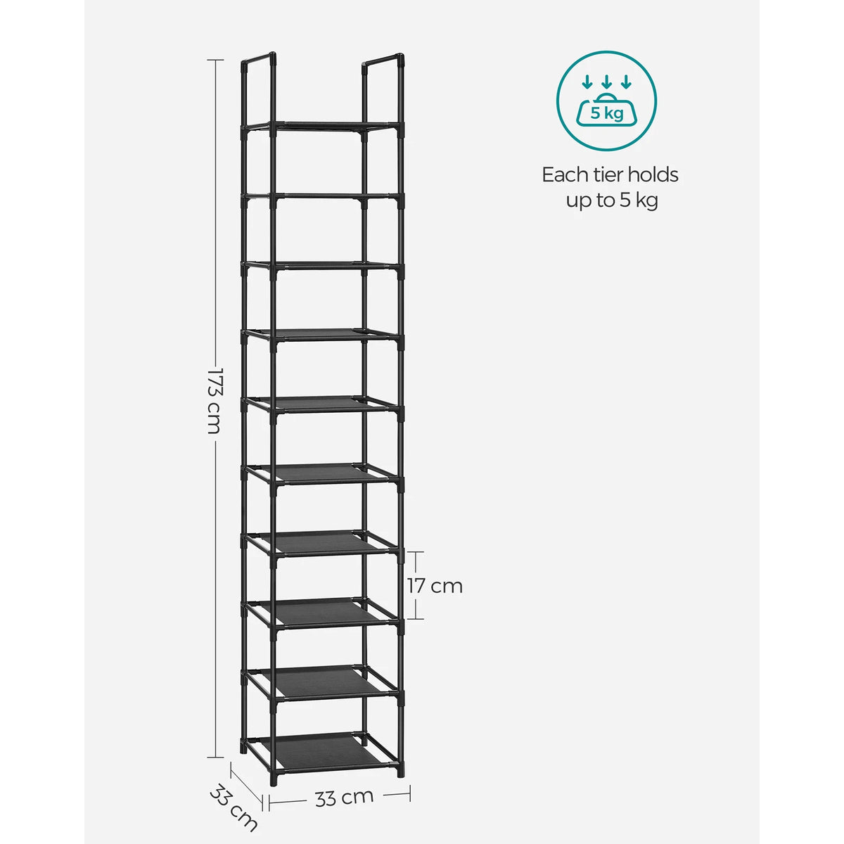 10-Tier Shoe Rack – Space-Saving Metal Shoe Storage Organiser with Fabric Shelves.