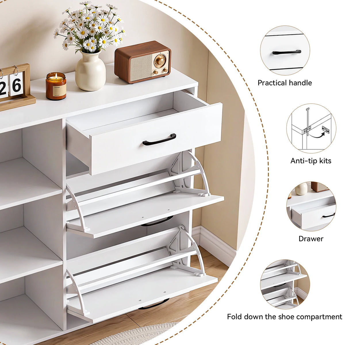 4-Tier Shoe Storage Cabinet with Drawer & Side Cupboard – Modern Flip-Down Shoe Organiser.