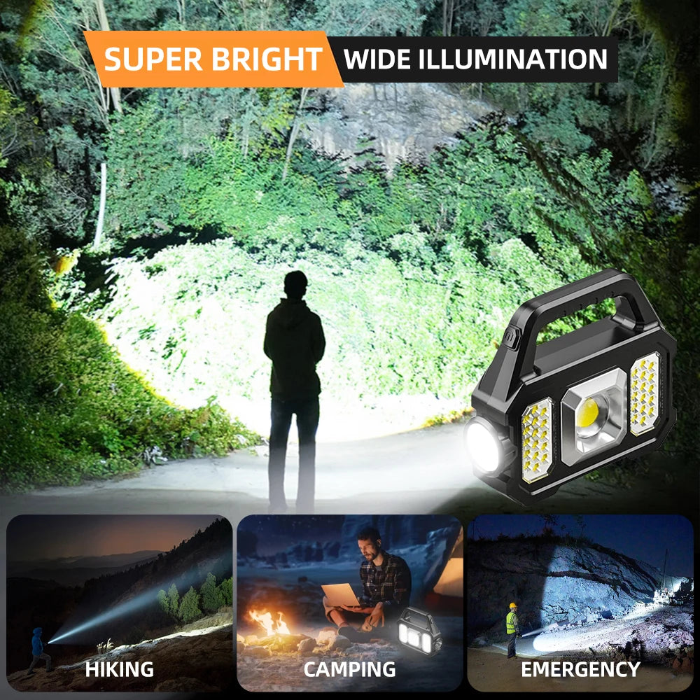Solar Rechargeable LED Flashlight – COB Floodlight, Waterproof Tactical Torch with USB Charging.