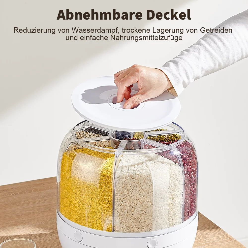 360° Rotating 6-Grid Food Dispenser – Airtight Grain & Cereal Storage Container, Moisture-Proof Kitchen Organizer.