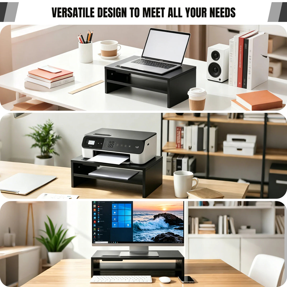 2-Tier Wooden Monitor Stand Riser – 420mm Wide, 20kg Capacity with Phone Holder.