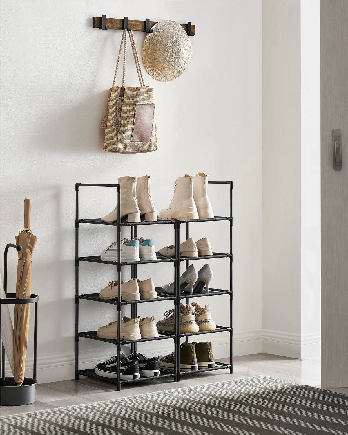 10-Tier Shoe Rack – Space-Saving Metal Shoe Storage Organiser with Fabric Shelves.