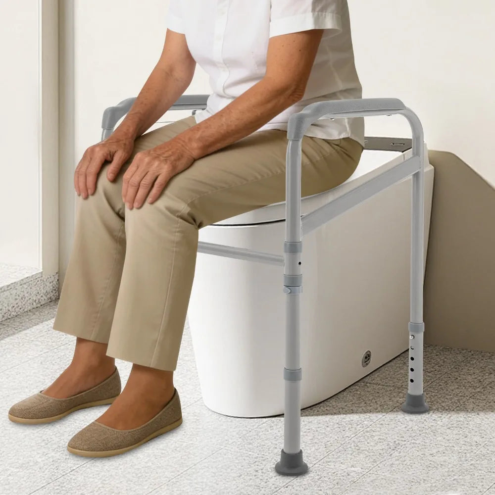 Toilet Support Frame with Grab Bars – Adjustable Height Steel Bathroom Safety Rail with Non-Slip Grip..