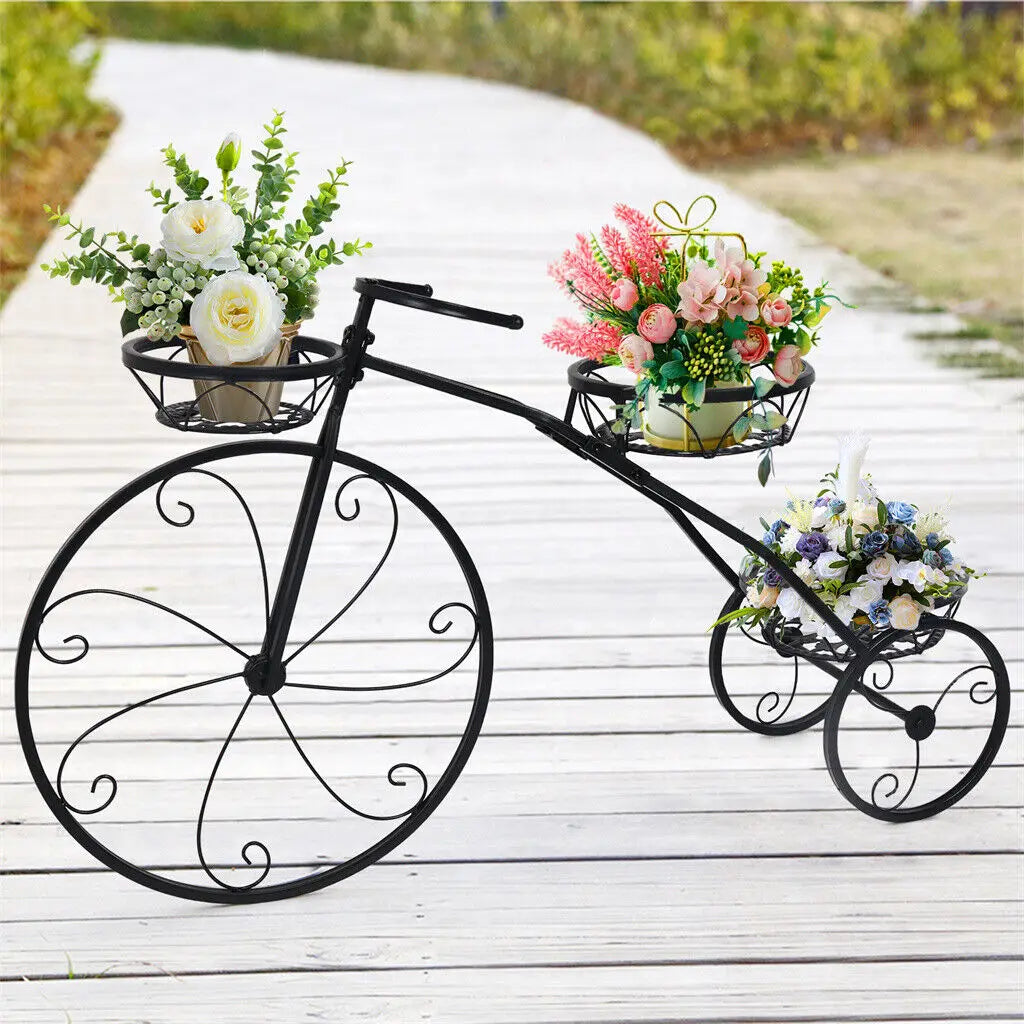 3-Tier Bicycle-Shaped Plant Stand – Iron Garden Flower Rack for Indoor & Outdoor Décor.