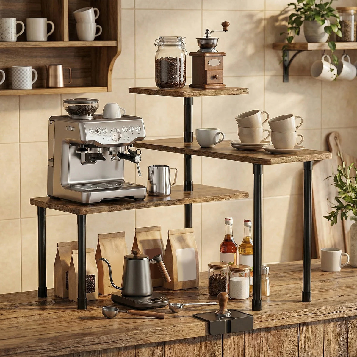 3-Tier Corner Shelf with Metal Frame – Space-Saving Countertop Organizer.
