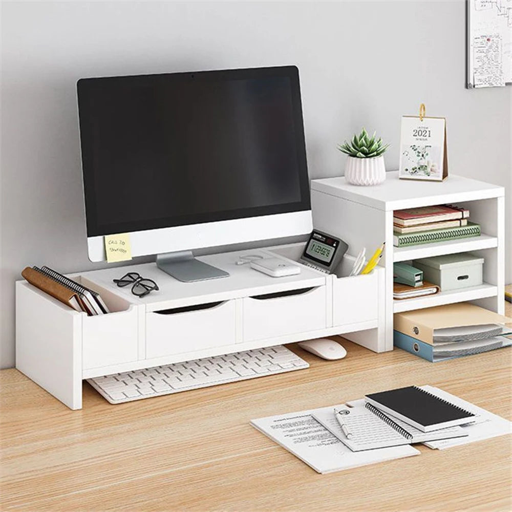 White Monitor Stand Riser with Drawers & Side Storage – Desktop Organizer & Laptop Support Shelf.