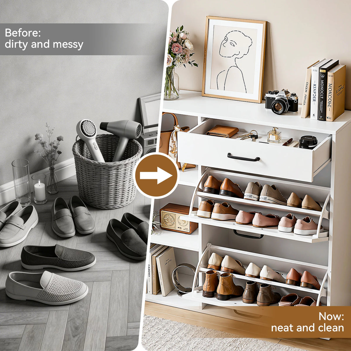 4-Tier Shoe Storage Cabinet with Drawer & Side Cupboard – Modern Flip-Down Shoe Organiser.