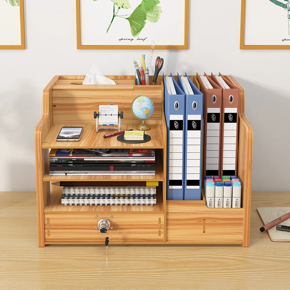 Cherry Wood Multi-Layer Desk Organizer with Lock – Desktop Storage Box.