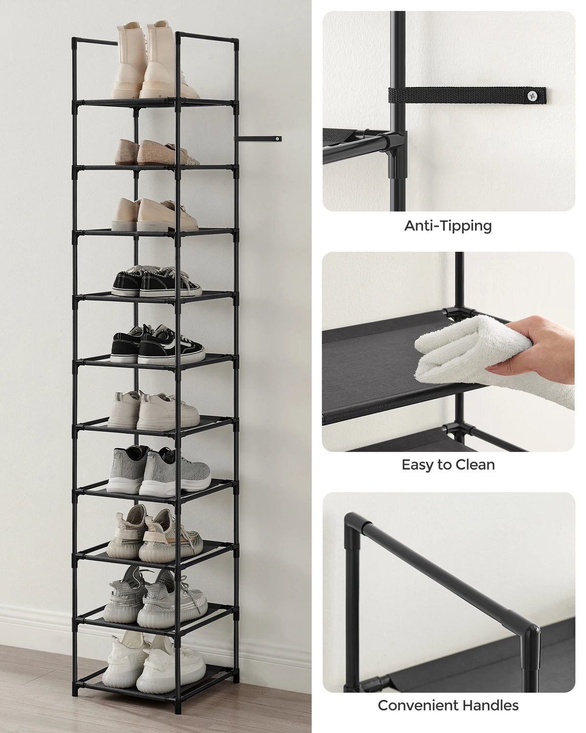 10-Tier Shoe Rack – Space-Saving Metal Shoe Storage Organiser with Fabric Shelves.
