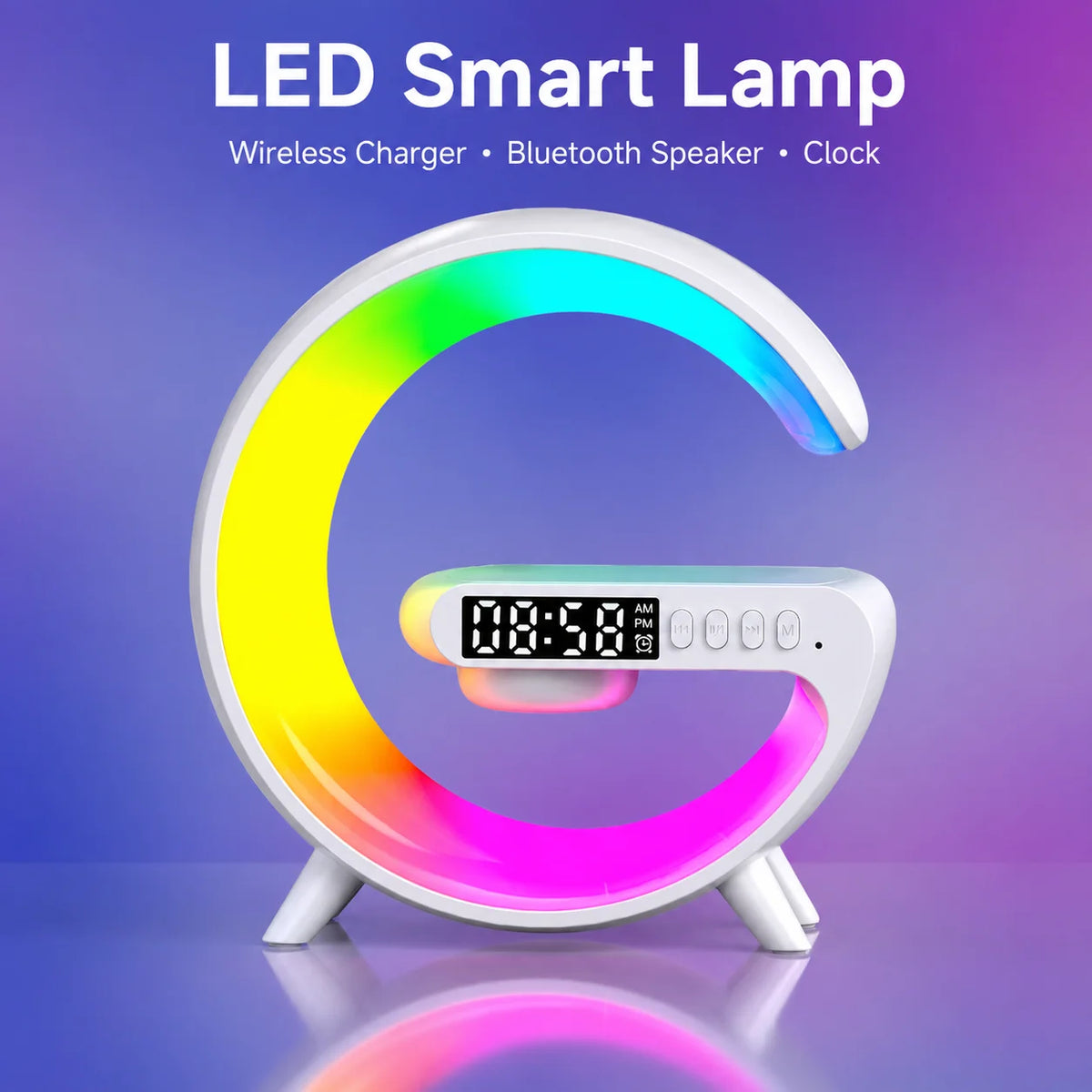 G-Shape LED Smart Desk Lamp – Multi-Functional Bedside Light with Wireless Charger & Bluetooth Speaker.