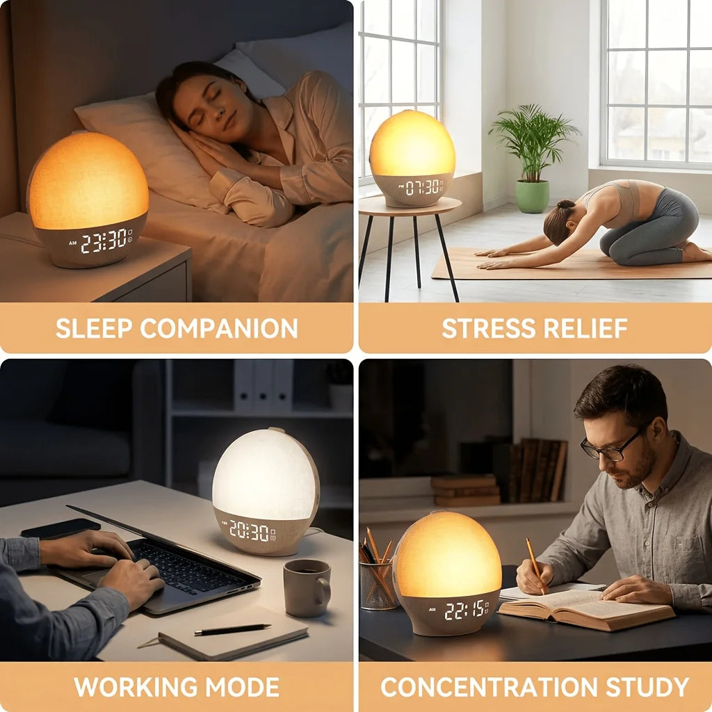 Sunrise Wake-Up Light & Night Lamp – Dimmable Alarm Clock with White Noise, 30 Soothing Sounds & 12-Colour Night Light.