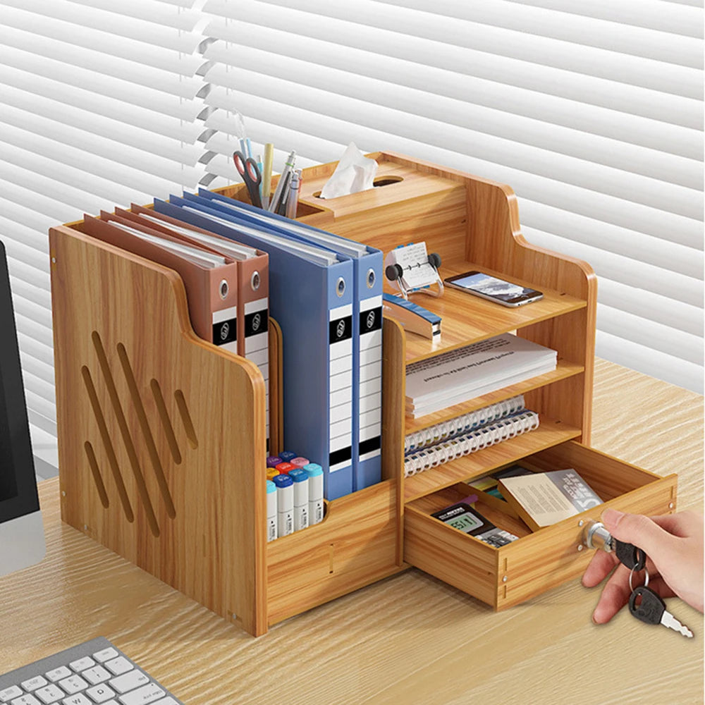 Cherry Wood Multi-Layer Desk Organizer with Lock – Desktop Storage Box.