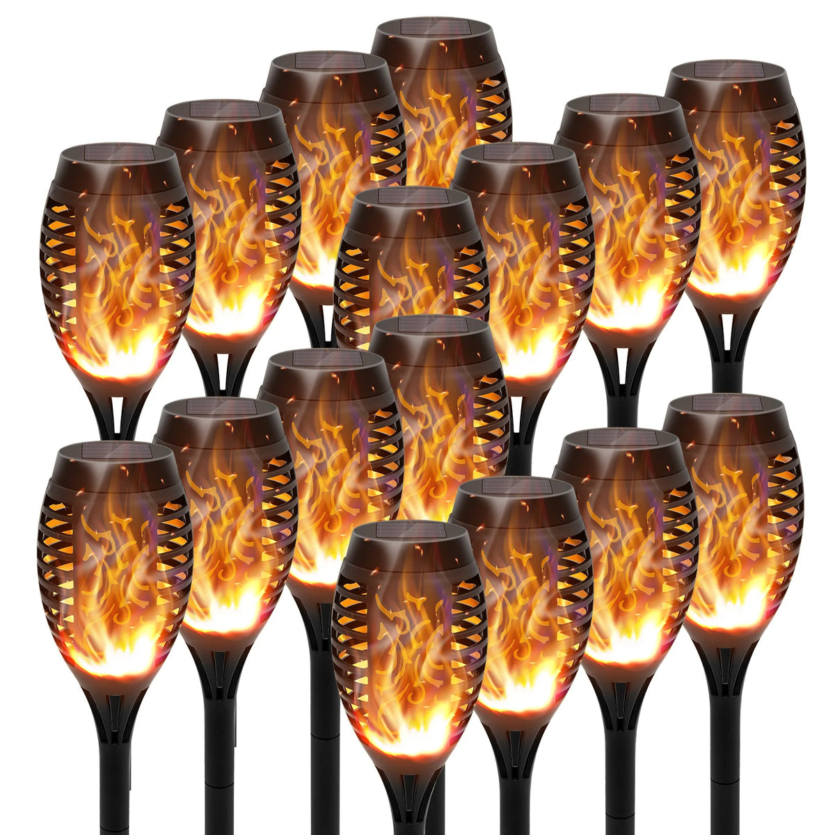 12-LED Solar Flame Torch Lights – Flickering Waterproof Garden & Patio Lamps.