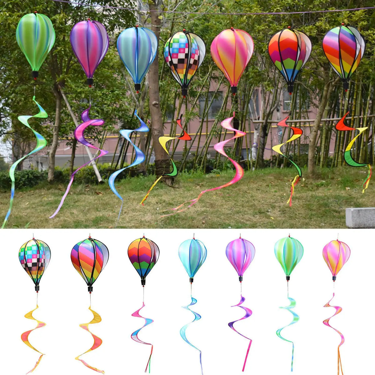 Rainbow Hot Air Balloon Wind Spinner – Kinetic Hanging Garden Decoration.