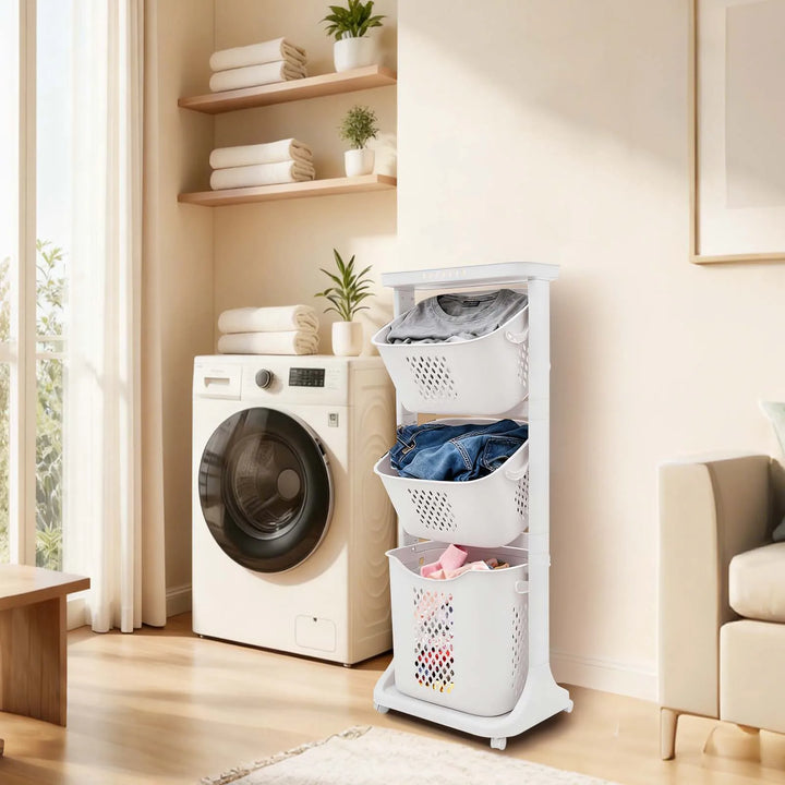 3-Tier Laundry Basket with Wheels – Rolling Laundry Hamper Cart with Carry Handles for Bedroom, Dorm & Laundry Room.